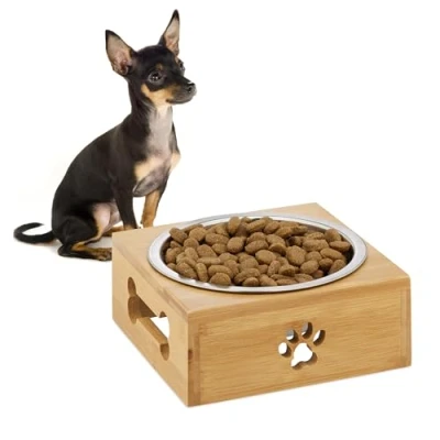 Afbeelding van Relaxdays voerbak hond rvs eetbak uitneembaar bamboe houder 400 ml pootjes