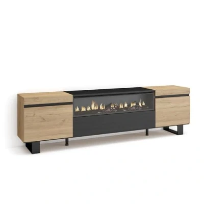 Afbeelding van Skraut Home tv kast, bank, grote opbergruimte, 200 x 57 35 cm, voor tv&#039;s tot 80 inch, elektrische open haard, industrieel design, moderne stijl, eiken en zwart