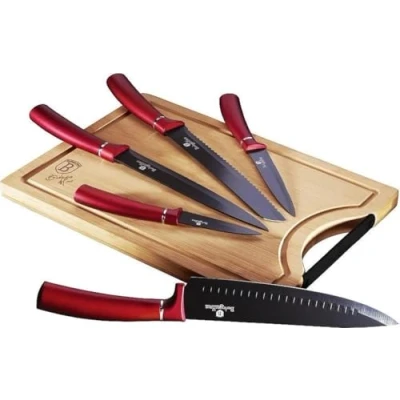 Afbeelding van Berlinger Haus Burgundy Set van 5 professionele keukenmessen, snijplank bamboe, lemmet roestvrij staal, antiaanbaklaag, koksmes, brood, design metallic line