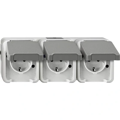 Afbeelding van Schneider Electric MEG2391 8029 AquaStar Compleet Wandcontactdoos met randaarde en klapdeksel spatwaterdicht Lichtgrijs 3 voudig