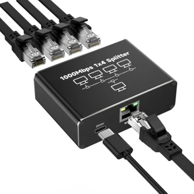 Afbeelding van GlasFlength LAN splitter 1 naar 41000 Mbps Ethernet schakelaar 4 poorten met type C Gigabit stroomkabel stroomschakelaar voor computer, hubs, switches,