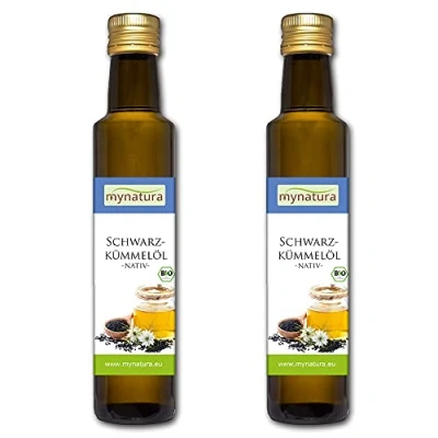 Afbeelding van Mynatura Biologische zwarte komijnolie, 2 x 250 ml, koudgeperst, hoogwaardige vetzuren, veganistisch, voedingsolie, verzorgingsolie, nigella, ml fles (2 ml)