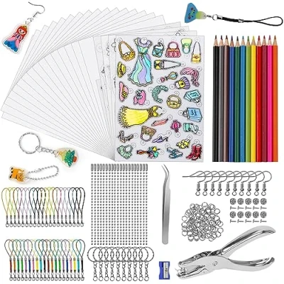 Afbeelding van 225 Stuks Warmtekrimpplastic vel Kit, Krimpfolie A4 krimppapier 20 transparant, met Potloden, Perforator, Sleutelhangers Accessoires voor Doe het zelf Creatief Handwerk (A4 transparant)