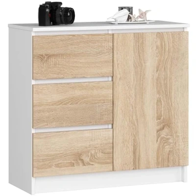 Afbeelding van AKORD K 80 JERRY commode met 3 laden, 2 planken en 1 deur, voor woonkamer, slaapkamer, modern, gelamineerde plaat 16 mm, x 77 35 cm, wit + Sonoma eiken voorkant
