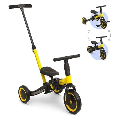 Afbeelding van 4 in 1 Kinderfiets met Duwstang Gio Geel