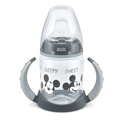 Afbeelding van NUK Disney First Choice leerbeker, 6 18 maanden, temperatuurregeling, lekvrije siliconen tuit, anti koliek, BPA vrij, 150 ml, Mickey Mouse (grijs)