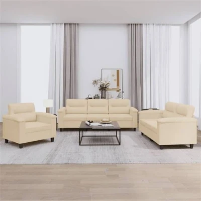 Image de vidaXL Ensemble de canapés 3 pcs avec coussins crème tissu microfibre