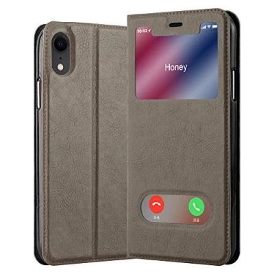 Afbeelding van Cadorabo Hoesje geschikt voor Apple iPhone XR in STEEN BRUIN Beschermhoes met magnetische sluiting, standfunctie en 2 kijkvensters Book Case Cover Etui