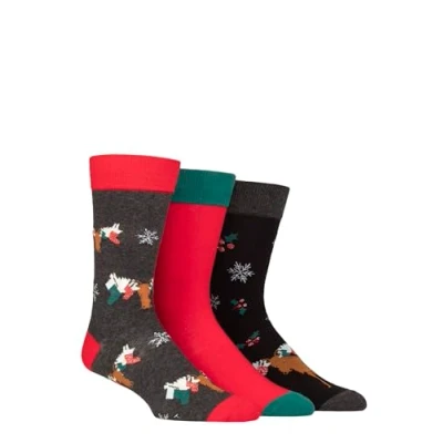 Afbeelding van SockShop Wildfeet Kerstsokken voor heren, 3 paar, van zacht katoen, feestmotief, maat 40 45, Eland