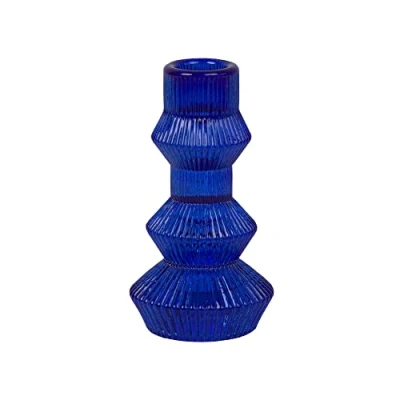 Afbeelding van Talking Tables Blauwe glazen kaarsenhouder met 3 niveaus, geribbelde kaarsenhouder, kersttafeldecoratie, huisdecoratie, accessoires, dinerfeesten, verjaardag, bruiloft, bos, blauw