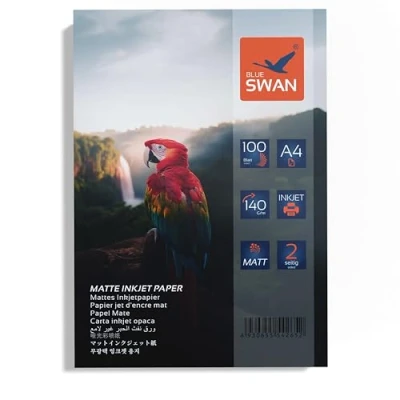 Afbeelding van Blue Swan 100 vellen A4 mat fotopapier, 140 g/m², dubbelzijdig, hoge kleurglans, lage reflectie, direct droog, compatibel met inkjetprinters
