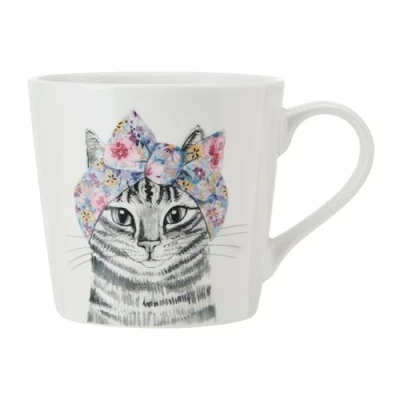 Afbeelding van Mikasa x Tipperleyhill porseleinen mok, 380ml, fijne mok met echt gouden details, mooie voor thee en koffie kattenprint, geschenkverpakking