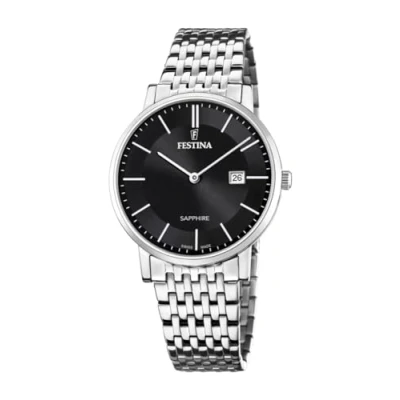 Afbeelding van Festina Herenhorloge F20018/3 gemaakt in Zwitserland, roestvrijstalen behuizing, zilveren armband, Zilver/zwart, Armband