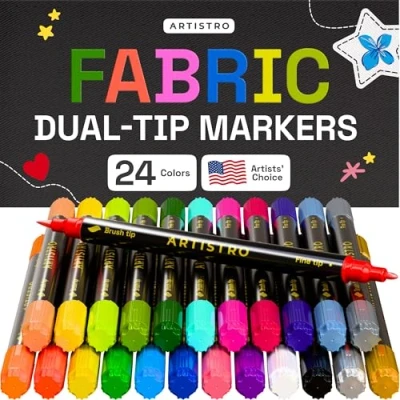 Afbeelding van ARTISTRO 24 stoffen markers met dubbele punt, textieldecoratieset, permanent voor kleding, zonder vlek T shirts, tassen, textiel, canvas en meer (penseelpunt fijne punt)