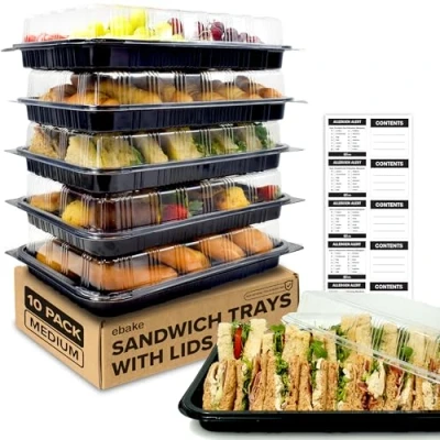 Afbeelding van Set van 10 sandwichdienbladen met deksel, herbruikbare kunststof buffetdienbladen voor catering, sandwichtrays en maaltijdbereiding, 39 x 29 7,5 cm
