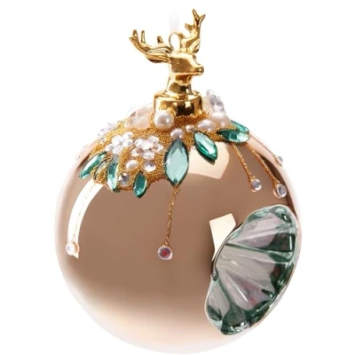 Afbeelding van BRUBAKER Premium Kerstbal, Goud Met Hertenfiguur, 10 Cm, Kerstboomversiering Kralendecoraties, Handversierde Glazen Boombal, Kerstdecoratie