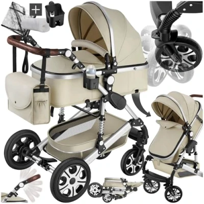 Afbeelding van tectake® Multifunctionele Kinderwagen Mats 2 in 1 Babywagen inclusief voetenzak, regenhoes, flessenhouder en opbergmand Wandelwagen met 15kg draagkracht Opvouwbaar 5 puntsgordel Grijs/Beige