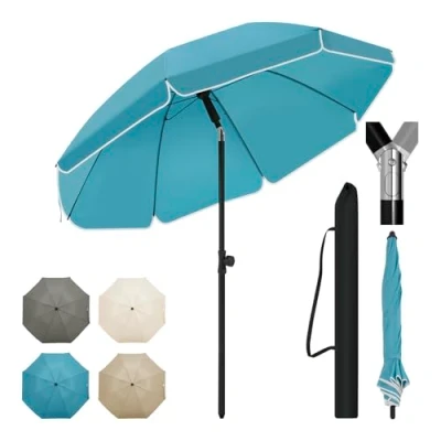 Afbeelding van WOLTU parasol voor buiten, strandparasol, kantelfunctie en in hoogte verstelbaar, balkon, terras, strand, markt, uv bescherming, opbergtas, φ195 cm, Blauw, φ 195 cm