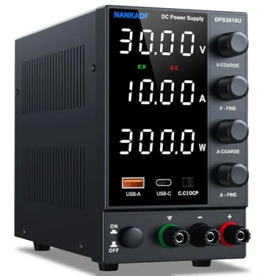 Afbeelding van 30 V 10 A verstelbare laboratoriumvoeding, variabele DC voeding met USB A/type C snellaadpoort, zeer nauwkeurig 4 led display