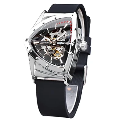 Afbeelding van FORSINING Skelethorloge voor heren, automatisch mechanisch horloge met lichtgevende driehoekige wijzerplaat, roestvrijstalen armband of zachte siliconen armband, zwart.