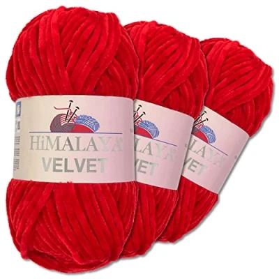 Afbeelding van Wohnkult Himalaya 3 x 100 g Velvet Dolfijnwol, 40 kleuren naar keuze, chenille breigaren, wolwol, glans, accessoire voor kleding en dekens (90018, rood)