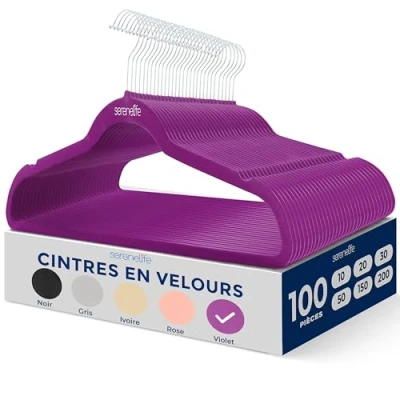 Afbeelding van SereneLife Kleerhangers, van fluweel, antislip, dun en robuust, met metalen haak, 360 graden draaibaar, belastbaar tot 4,5 kg, voor jassen, broeken jurken, 100 stuks