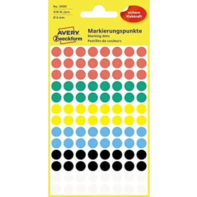 Afbeelding van Avery Ronde Etiketten Diameter 8 Mm, Geassorteerde Kleuren, 416 Stuks Etiket