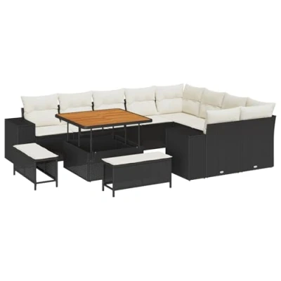 Afbeelding van vidaXL 12 delige Tuin Sofa Set met Kussens Zwart Poly Rattan Acacia, 3 Eettafel Acacia