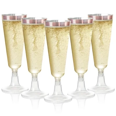 Afbeelding van MATANA 24 Herbruikbare Plastic Champagneglazen 150ml met Roségouden Rand