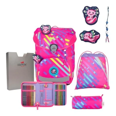 Afbeelding van DerDieDas Schooltas ErgoFlex Easy Exklusiv Neon Schulranzenset 5 delig Punkie Neonroze