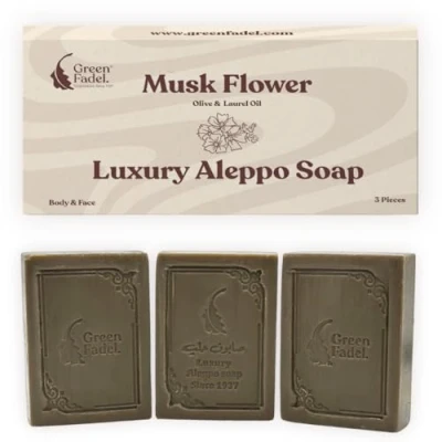 Afbeelding van GREEN FADEL (Luxury) Aleppo Zeep Origineel met Muskusbloesem Aroma, 3 Stuks, Olijfolie &amp; Laurierolie, Olijfoliezeep, Natuurlijke Zeep, Luxury Soap, voor Gezicht Lichaam