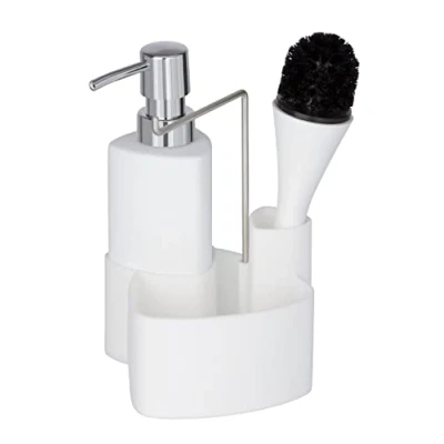 Afbeelding van WENKO Afwasset Empire, 4 in 1 afwasmiddeldispenser, afwasborstel, vaatdoekhouder &amp; organizer, hoogwaardige keramiek met softtouchoppervlak, inhoud 250 ml, 11 x 19 12,5 cm, wit