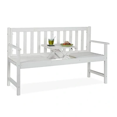 Afbeelding van Relaxdays tuinbank met tafel witte 3 zits balkonbank houten zitbank buiten terras
