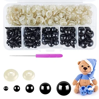 Afbeelding van Hengxinc 220 stuks amigurumi zwarte veiligheidsogen set ogen 5 12 mm kunststof haak dier pop pluche speelgoed incl