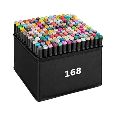 Afbeelding van Home Markt24 Set van 168 dubbelzijdige alcoholmarkers + etui duurzaam, waterdicht, perfect voor kunstenaars en kleurboeken