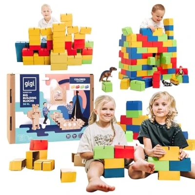 Afbeelding van GIGI BLOKS Mega bouwstenen 96 XL Color onderdelenset, reuzenblokken voor kinderen met vergrendelingssysteem, grote bouwsteen peuters, robuust en eenvoudig te monteren G3C