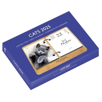 Afbeelding van Draeger Paris efemeride set Agenda Yvon 2025 7 talen 365 vellen en herbruikbare bamboe sokkel 1 foto voor elke dag van het jaar katten ondersteuning afspraken