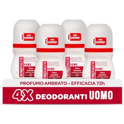 Afbeelding van Borotalco, Roll On deodorant voor heren, droog, barnsteen, met absolute talk, absorbeert zweet, zonder alcohol, ambergeur, 72 uur effectiviteit 4 stuks à 50 ml exclusief van Amazon