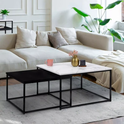 Afbeelding van Lot de 2 tables basses gigognes ALASKA carrées 60/70 effet marbre et noir pied métal