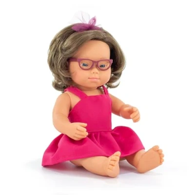 Afbeelding van Miniland Babypop Blank Meisje met Bruin Haar, Down en Bril Gekleed 38 cm