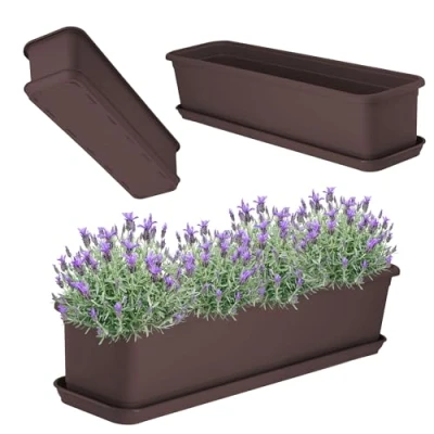 Afbeelding van KADAX plantenbak met onderzetter, kunststof voor binnen en buiten, bloempot balkon, terras, vensterbank (60 cm, bruin)