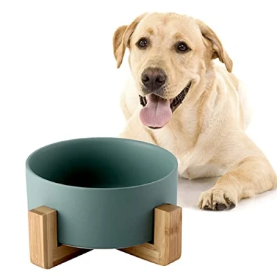 Afbeelding van SPUNKYJUNKY Voer , en drinkbak van keramiek met standaard bamboe voor katten honden (850 ml, groen 1)