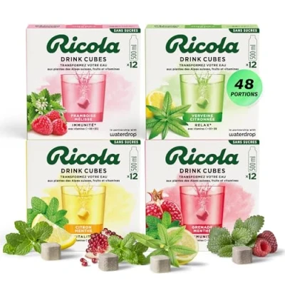 Image de waterdrop® x Ricola 48 Pastilles Pour Boisson en Saveurs Verveine Citronnée, Grenade Menthe, Framboise Mélisse &amp; Citron Cubes de Vegan, Vitamine C B, Eau Aromatisée Sans Sucre