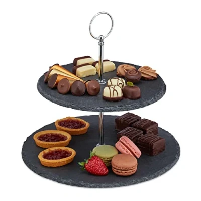 Afbeelding van Relaxdays etagère 2 laags serveerschaal leisteen serveerset cupcakes antraciet