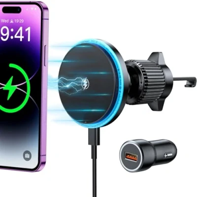 Afbeelding van Rolgno Telefoonhouder voor auto, inductie, autohouder MagSafe, zeer stabiele windklem en snel opladen, compatibel met iPhone 15/14/13 serie, autooplader, QC 3.0 inbegrepen
