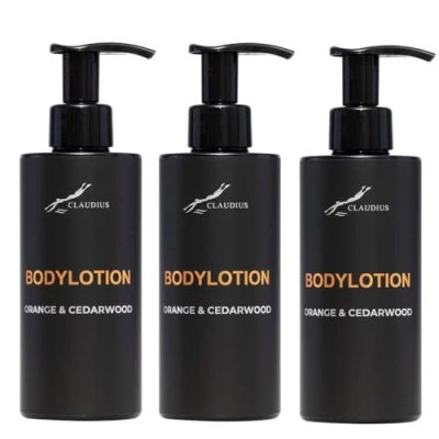 Afbeelding van Bodylotion Sweet Orange &amp; Cedarwood 300 ml met pomp zwarte fles set van 3 stuks Voordeelverpakking