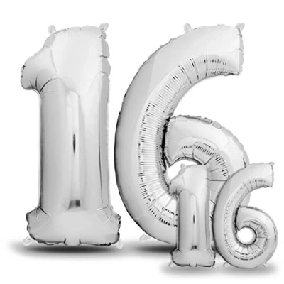Afbeelding van envami® Verjaardagsballon 16 jaar, zilver, 101 + 40 cm, cijferballon, decoratieve verjaardagsset voor vrouw, man, Happy Birthday decoratie/ ballon, zweeft dankzij helium