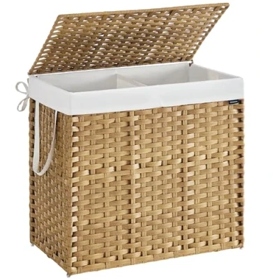 Afbeelding van SONGMICS Wasmand, 160 liter, handgeweven, van polyrotan, met deksel en handgrepen, opvouwbaar, afneembare waszak, natuurlijke kleur LCB216Y01
