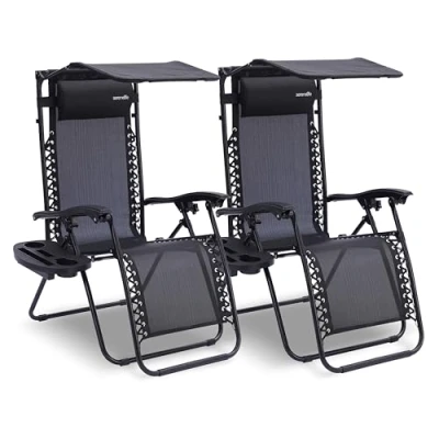 Afbeelding van SereneLife Ligstoel set van 2 Verstelbare Buitenkamerstoel met Afneembaar Bekerhouderblad en Zonnescherm Inklapbare Relaxstoel Verwijderbare Kussens