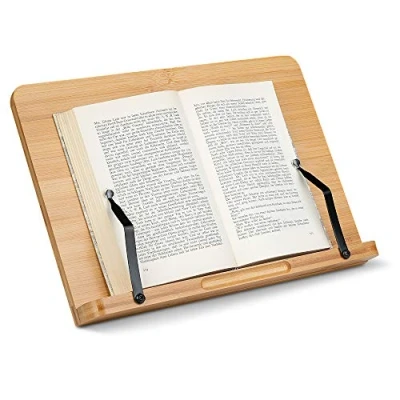 Afbeelding van Navaris houten boekenstandaard en tablethouder 34 x 24 cm 2 verstelbare paginaklemmen Bruin